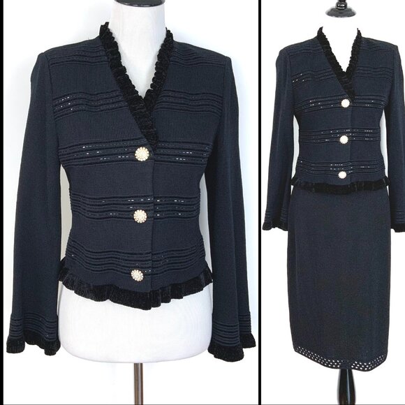 St. John Evening Black Sparkle Ruffle Jacket Santana Knit Sz 2-4 - Picture 2 of 16